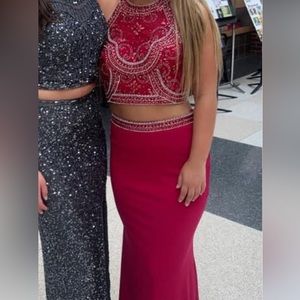 pink beaded rhinestone 2 piece prom dress